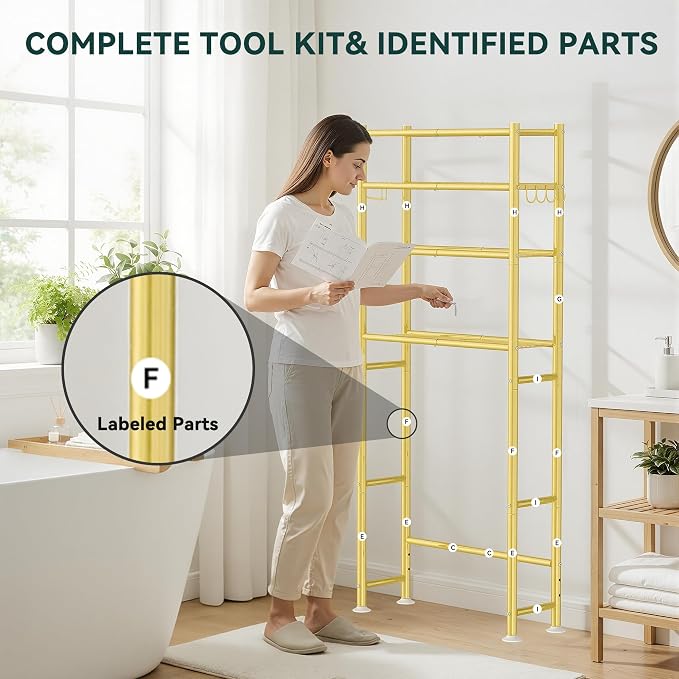GloTika 4-Tier Over The Toilet Storage, 200lb Total Capacity Metal Bathroom Organizer with 36" Clearance, Includes Paper Holder & 4 Hooks, Space Saving Rack for Bathroom Laundry Room (64" H, Gold)