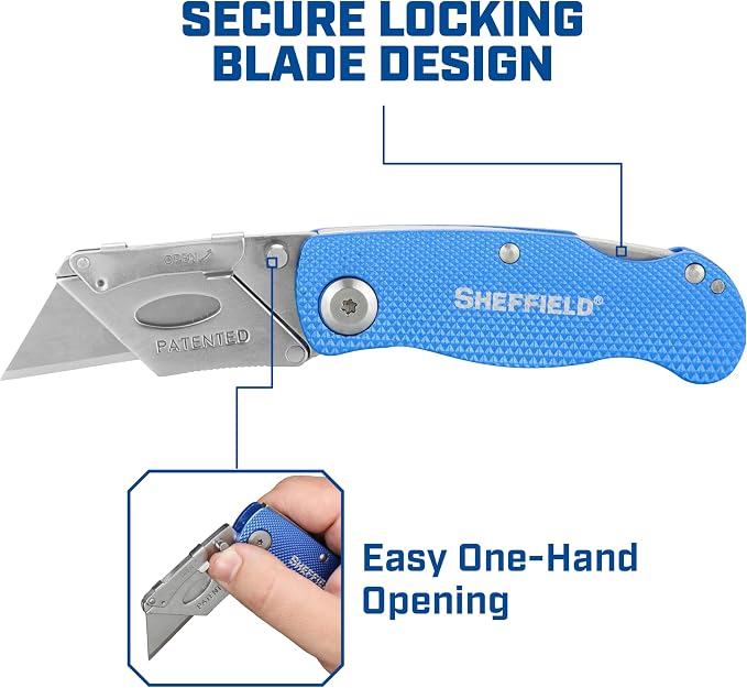 Sheffield 12514 Folding Utility Knife 3 Pack, Gifts for Men, Dad Gifts, Quick Change Utility Knife Blades, Compact Aluminum Handle, Box Cutter, Razor Blades Included