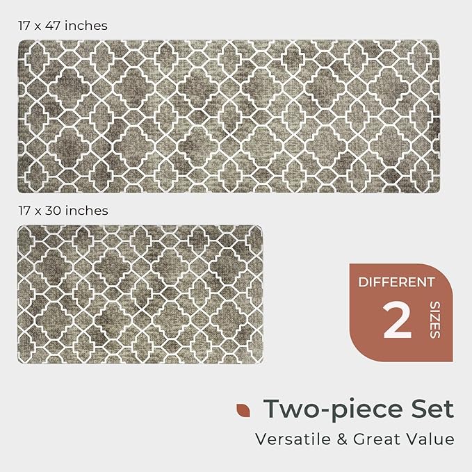 FRESHMINT Kitchen Mat Set of 2, Anti-Fatigue Cushioned Kitchen Mats for Floor, Waterproof Non Slip Comfort Standing Mat, Boho Kitchen Rug for Kitchen Decor, Sink, Office, 17"x30"+17"x47", Khaki Tan