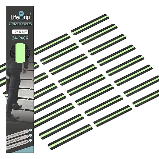 LifeGrip Anti Slip Traction Treads with Glow in Dark Stripe (24-Pack), 2" X 12", Best Grip Tape 80 Grit Non Slip, Pre-Cut Strips, Rounded Corners - Right Size and Ready to Use for Easy Application