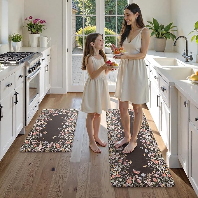 KIMODE Anti Fatigue Kitchen Mats for Floor, Farmhouse Black Kitchen Rugs Sets of 2, Summer Cushioned Kitchen Floor Mats, Comfort Standing Mats for Sink Laundry Office Desk 17"x47"+17"x29"