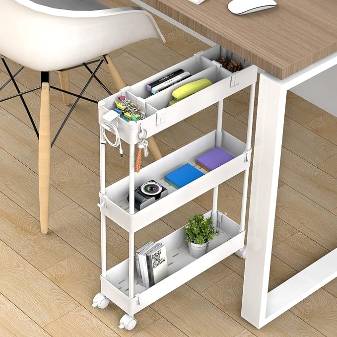 SPACELEAD Slim Storage Cart 3 Tier,Bathroom Organizer Rolling Utility, Mobile Shelving Unit Slide Out for Office, Kitchen, Laundry Room & Narrow Places,White