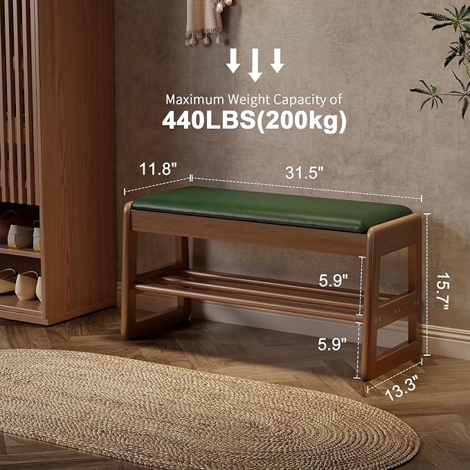 AQIMUELE Shoe Rack Bench,2 Tiers Shoe Bench with Storage with Flip-Top,Wood Shoe Rack for Entryway,Hallway（Green Upholstered Seat,11.8" D x 31.5" W x 15.7" H）