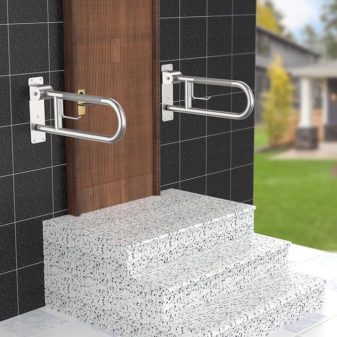 Toilet Grab Bar 24 Inch, Munzong Anti-Slip Handicap Grab Bars with Paper Holder, Flip-Up Bathroom Toilet Safety Rails, Stainless Steel Knurled Support handrails for Seniors Elderly Disabled Pregnant