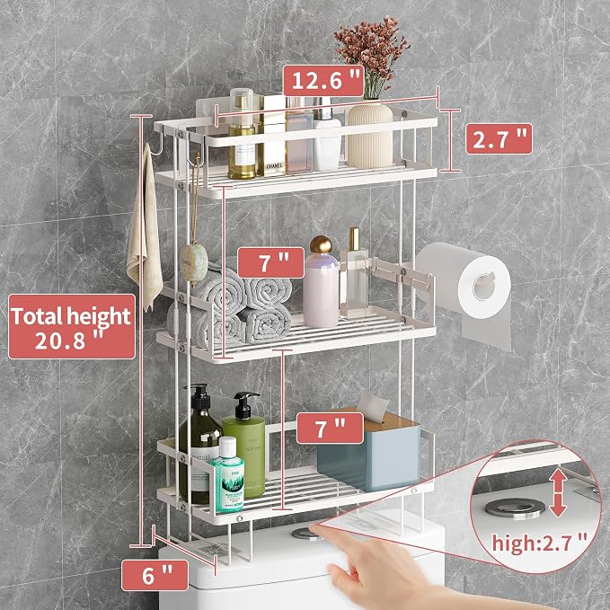 Godboat Bathroom Organizers and Storage, 3-Tier Over The Toilet Storage, Wall Shelf with Paper Holder and 2 Hooks, No Drilling Cool Decor and Home Decor, Gifts for Women, Mom, Mothers Day (White)
