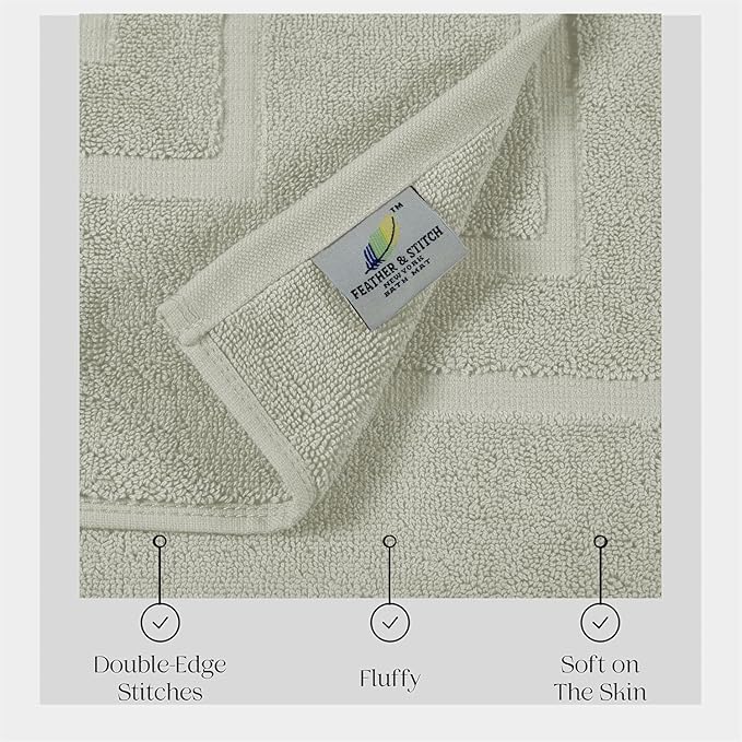Feather & Stitch 2 Piece Towel Like Bath Mats (30x21 Inch) 100% Cotton Terry Bath Mats, Bathroom Shower Floor Mats [NOT A Bathroom Rug], Soft Absorbent Washable Mats - Silver Birch