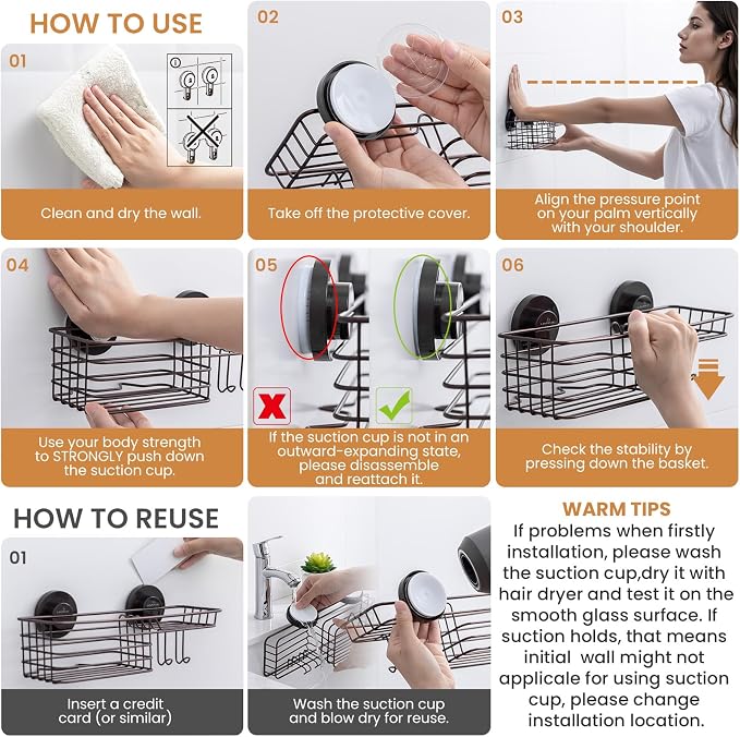 LEVERLOC 2 Pack Shower Caddy Suction Cup, Shower Shelves for Inside with Hooks and Soap Holder, NO Drill Bathroom Shampoo Holder, Rustproof Meatl Bathroom Organizer Brown
