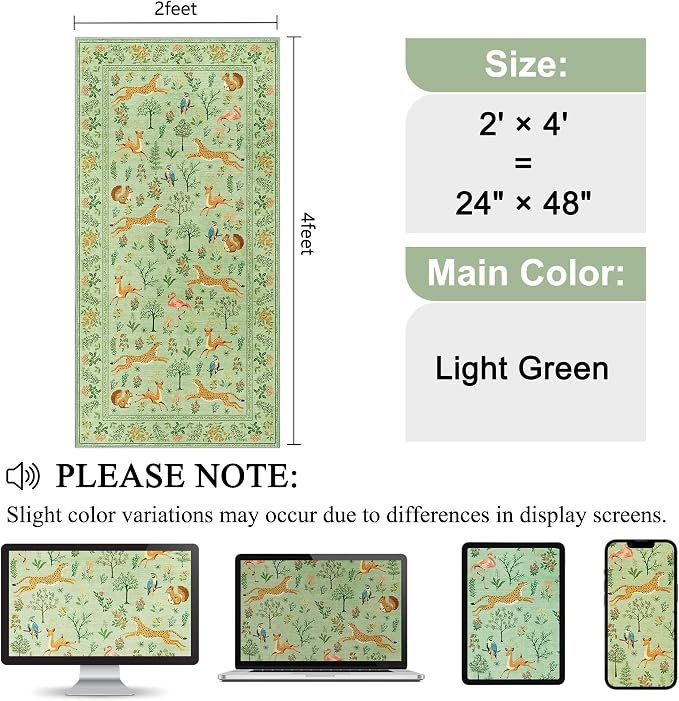 DUKINO 2x4 Rug for Hallway, Washable Kitchen Runner Rug with Non Slip Backing, Soft Low Pile Vintage Animal Runner for Bedroom, Kitchen, Hallway, Entryway, Laundry, Light Green