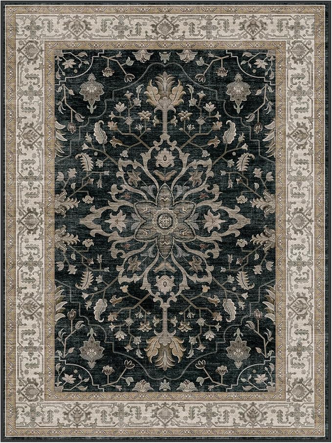RELEANY Area Rugs Large 10'x14' Washable Non-Slip, Floral Vintage Distress Medallion Carpet for Living Room Bedroom Dining Room, Vintage Black Brown Neutral