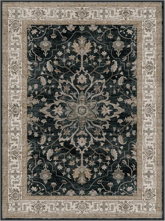 RELEANY Area Rugs Square 8ft Washable Non-Slip, Floral Vintage Distress Medallion Carpet for Living Room Bedroom Dining Room, Vintage Black Brown Neutral