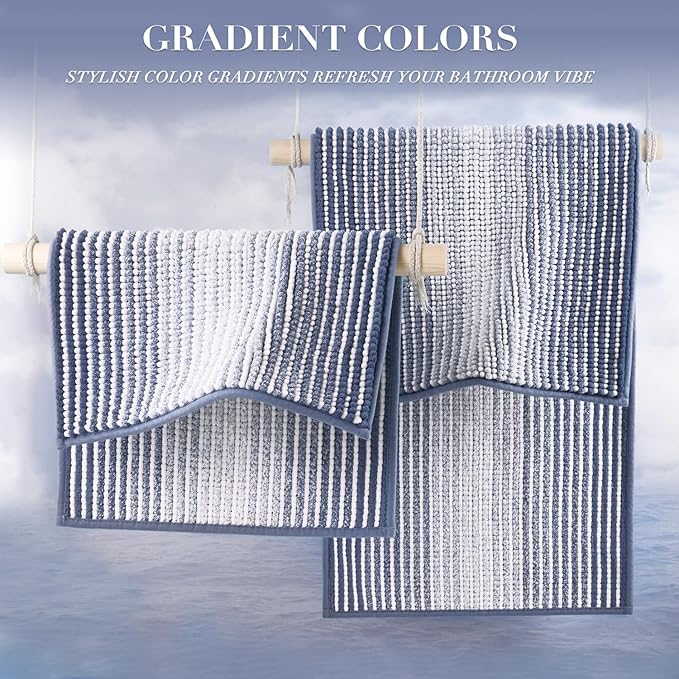 BSICPRO Bathroom Rugs and Mats Sets, 2 Piece Thick Absorbent Chenille Bath Mat Rug Set Non Slip, Soft Shaggy Bath Room Floor Mats for Bathroom, Machine Washable (20" x 32" Plus 16" x 24",Denim Blue)