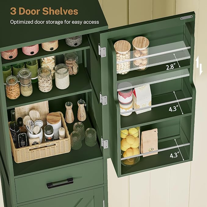 TEENFON Kitchen Pantry Cabinet with 3 Door Shelves & 1 Drawer, Narrow Bathroom Cabinet with Adjustable Shelves, Tall Storage Cabinet for Living Room, Bathroom, Entryway, Green