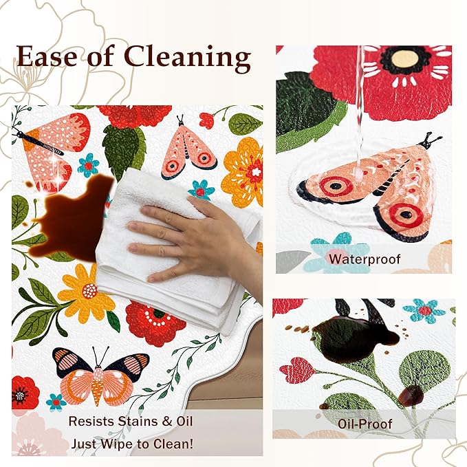 Arenarug Scalloped Kitchen Mats for Floor 2PC Cushioned Anti Fatigue Kitchen Mats Rugs Waterproof Non Slip Farmhouse Boho Floral Comfort Foam Standing Mat for Sink Laundry, White