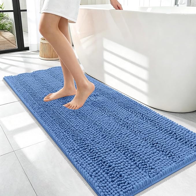 OLANLY Thick Bathroom Runner Rugs 47x17, Extra Absorbent Chenille Striped Bath Rugs, Rubber Backing, Machine Wash, Long Bath Mats for Bathroom, Tub and Shower, Home Decor Accessories, Cornflower Blue