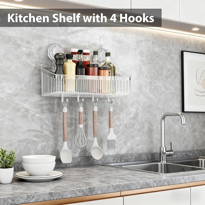 3 Pack Suction Cup Shower Caddy, Clear Shower Shelves No Drilling with Movable Hooks & Toothbrush Holder, Wall Storage Shelves for Bathroom, Kitchen