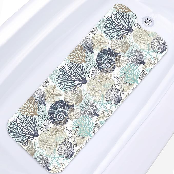Cute Seashells Sea Shell Bath Mat Non Slip, Ocean Starfish Beach 40X16 Inch Extra Long Bathtub Shower Mat for Tub Anti Slip with Suction Cups and Drain Holes for Kid Adult Elderly