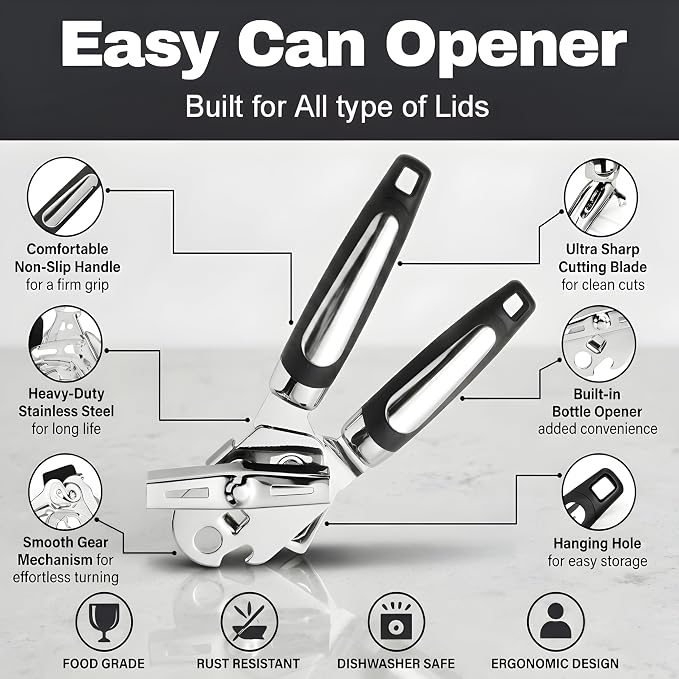 Manual Can Opener – Easy Grip Can Opener Manual, Smooth Edge Design, Durable Stainless Steel, Can Openers for Seniors, Effortless Turning, Kitchen Tool (Silver&Black)