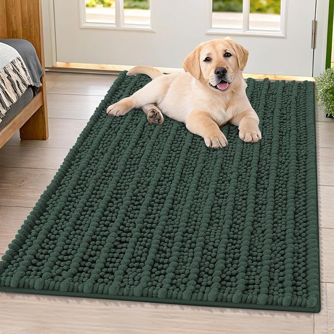 Smiry Dog Door Mat for Muddy Paws 40x32, Absorbent Dirt Trapper, Non-Slip Washable Chenille Entryway Rug for Inside Floor, Green, Layered Pattern