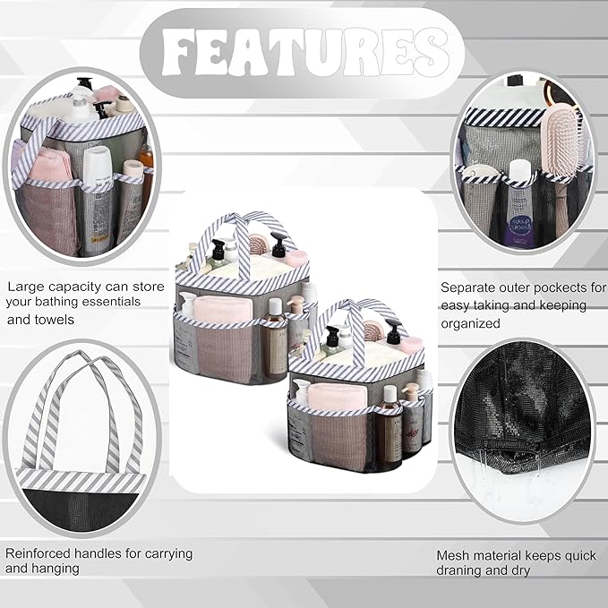 Attmu 2 Pack Mesh Shower Caddy Portable, Quick Dry Hanging Shower Tote Bag for College Dorm Room Essentials, Large Capacity Shower Caddy Dorm for Bathroom Gym Swimming