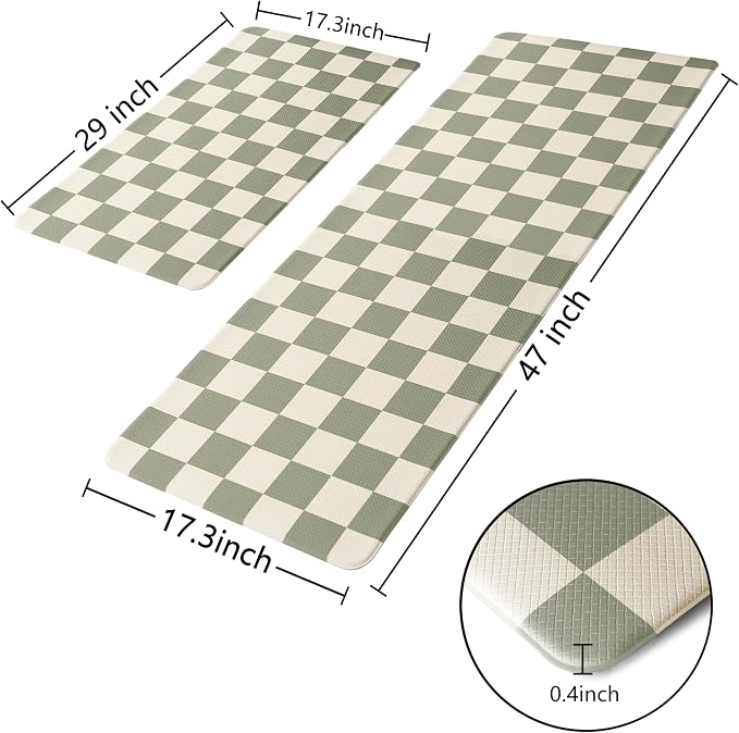 Beige Sage Checkered Grid Checkerboard Kitchen Rug Sets [2 PCs], Anti-Fatigue, Waterproof Non-Slip Kitchen Mats Heavy Duty Comfort Foam Rug for Kitchen, Floor, Laundry,17"x29"+17"x47"