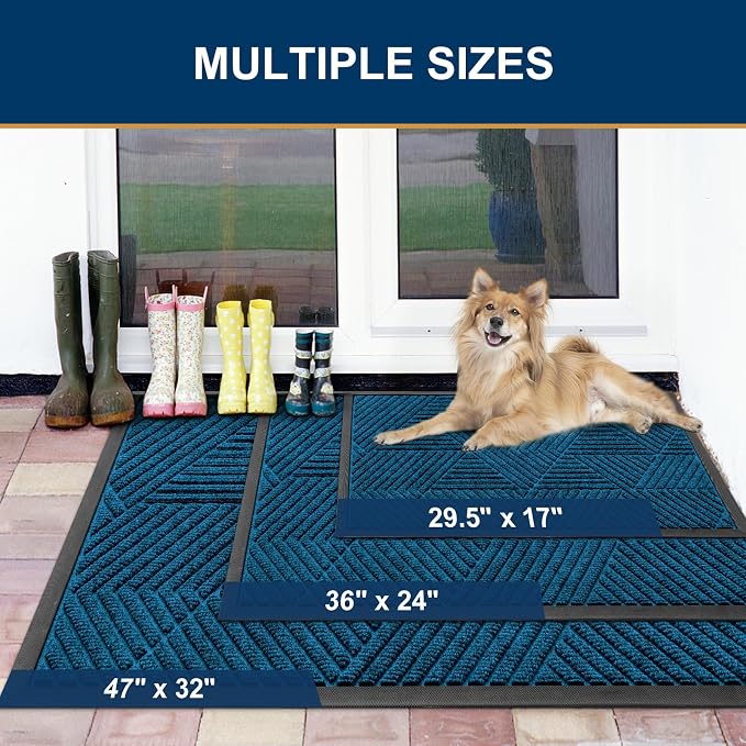 Smiry Front Door Mat Outside Entrance, Heavy Duty Sturdy Natural Rubber Doormat, Trap Dirt and Moisture, Easy Clean Low Profile Mats for Indoor Outdoor Entry, Irregular Triangle (47x32, Mixed Blue)