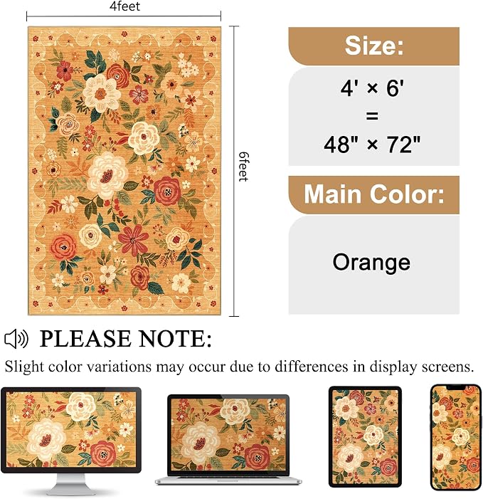 DUKINO 4x6 Area Rug, Lightweight Non Slip Washable Floral Rug, Indoor Low Pile & Non-Shedding Boho Design Rugs for Bedroom, Living Room, Dining Room, Orange