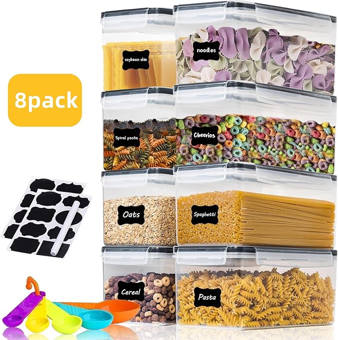 Airtight Food Storage Containers with Lids, 3.2L BPA-Free Plastic Canisters for Spaghetti, Cereal, Oats & Kitchen Pantry Organization, 8 Pack