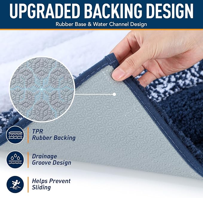 XIYUNTE Thick Bathroom Rug Set of 2 Piece, 32"x20"+24"x16" Extra Soft Microfiber Blue and White Bath Rugs, Quick Dry Super Absorbent Rubber Backing Non Slip Washable Bath Mats for Floor Tub Shower
