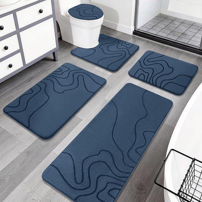 YIHOUSE Memory Foam Bathroom Rugs Sets 5 Piece - Extra Thick Ultra Soft Absorbent Bath Mat Set, Non-Slip Machine Washable Bath Rugs for Bathroom, Tub & Shower, Home Decor Accessories, Dusty Blue