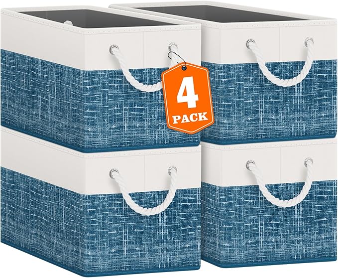 Fab totes Storage Bins 4-Pack, Foldable Storage Baskets for Organizing Toys, Books, Shelves, Closet, Large Storage Box with Rope Handles, Sturdy Organizer Bins, White & Blue