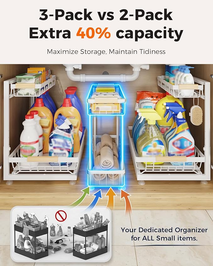 Sevenblue 3 Pack Under Sink Organizer, Height Adjustable 2 Tier Pull-Out Metal Under Kitchen Sink Organizer, Multi-Purpose Storage Shelves for Kitchen Bathroom Cabinet, White