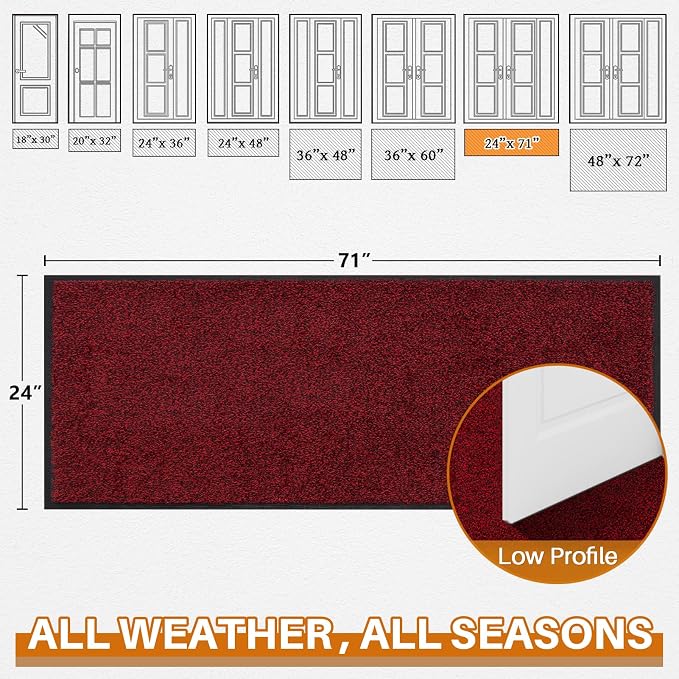 Mibao Front Door Mat Indoor Entrance, 72" x 24", Dirt Trapper Welcome Mat for Outdoor Indoor, Non-Slip Waterproof Doormat, Durable Machine Washable Low Profile Entry Rug for Back Door Outside,Red