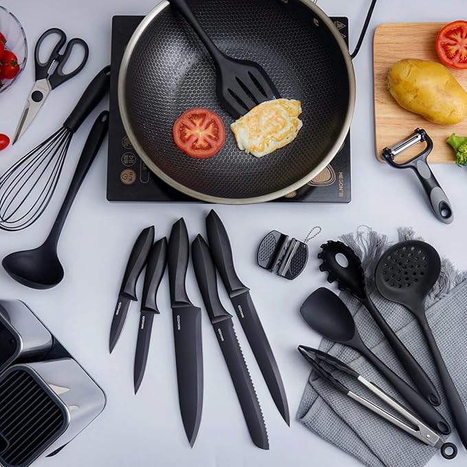 RAXCO Kitchen Utensils Set,18-Piece Cooking Utensils and Knife Set,Black | Food-grade Silicone Heat-safe to 410°F, Detachable Stainless Steel Holder, 5 Kitchen Knives and Cutting Board All-in-one