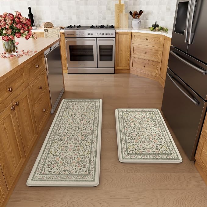 KIMODE Anti Fatigue Mats for Kitchen Floor 20"x47"+20"x32", Boho Farmhouse Kitchen Rugs Sets of 2, Cushioned Kitchen Floor Mats Non Slip, Comfort Standing Mats for Sink Laundry Desk Beige
