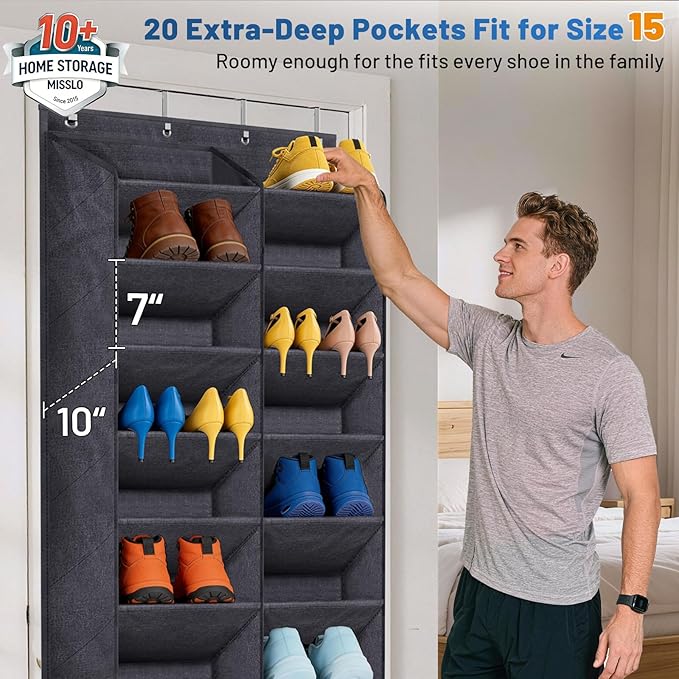 MISSLO 30-40 Pairs Over the Door Shoe Organizer for Closet 20 Extra Large Deep Pockets Hanging Shoe Rack for Door 10-Tier Heavy Duty Shoes Storage Hanger Fits Size 15 Sneakers, Boots, Heels, Black