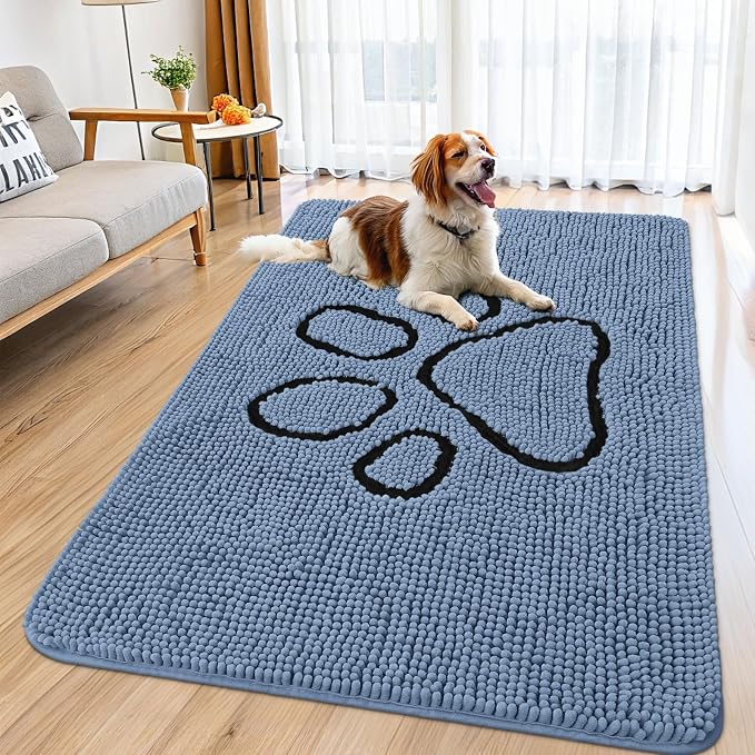 Smiry Dog Door Mat for Muddy Paws, Absorbent Dirt Trapper Non Slip Quick Dry Washable Chenille Mat for Mud Dogs, Entry Rug for Indoor and Outdoor (59x35 Inches, Airy Blue and Black)