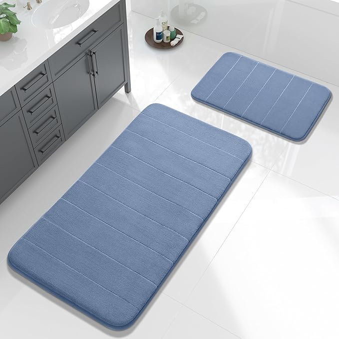 Yimobra Large Bath Mat Set 2 Piece- Super Soft Absorbent Quick Dry Memory Foam Bathroom Rugs, Machine Washable Non Slip Floor Carpet for Tub Shower & Double Vanity (17x24 & 44x24, Denim Blue)