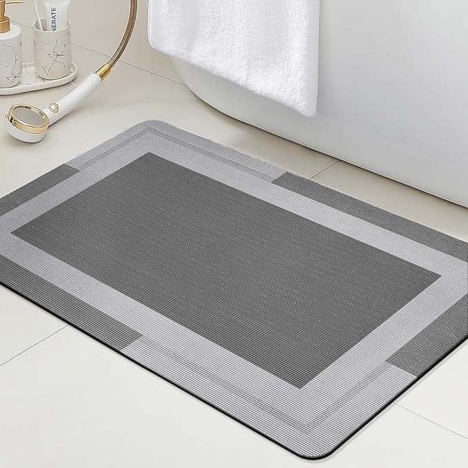 ACCUMTEK Non Slip Bath Mat, Thin Bathroom Rugs Fit Under Door, Quick Dry Bath Mats, Machine Washable Bath Rugs for Bathroom, Bathtub & Kitchen, Bathtub & Kitchen, Grey/Bordered/36 x24