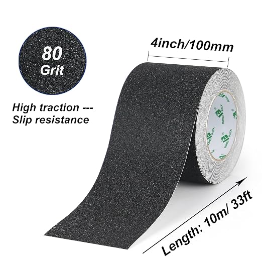 BOMEI PACK Black Anti Slip Tape, 4 Inch x 33 Foot Non-Slip Traction Grip Tape for Stairs, Waterproof Stair Treads Grip Non Slip, Non Skid Tape for Steps, Outdoor Black Grip Tape