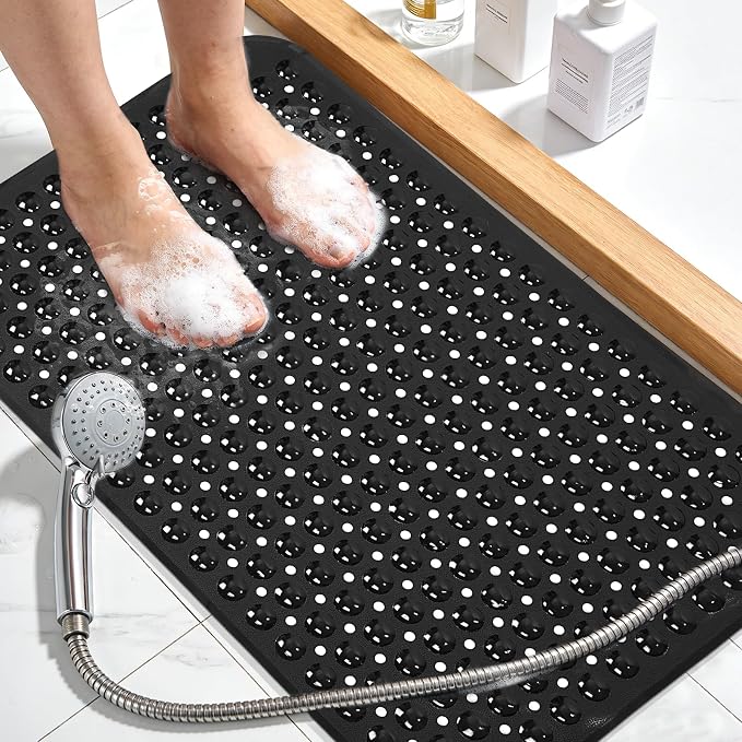 Large Shower Mat 21.5x33.5 Inch Black, Soft Non Slip Shower Mats for Inside Shower with Big Suction Cups Drain Holes, Extra Large Bath Bathtub Mat Floor Stall Mats, BPA-Free, Easy Clean