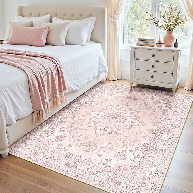 RELEANY Area Rugs 4'x5' Washable Non-Slip, Floral Vintage Distress Medallion Carpet for Living Room Bedroom Dining Room, Pink Greypink Cute