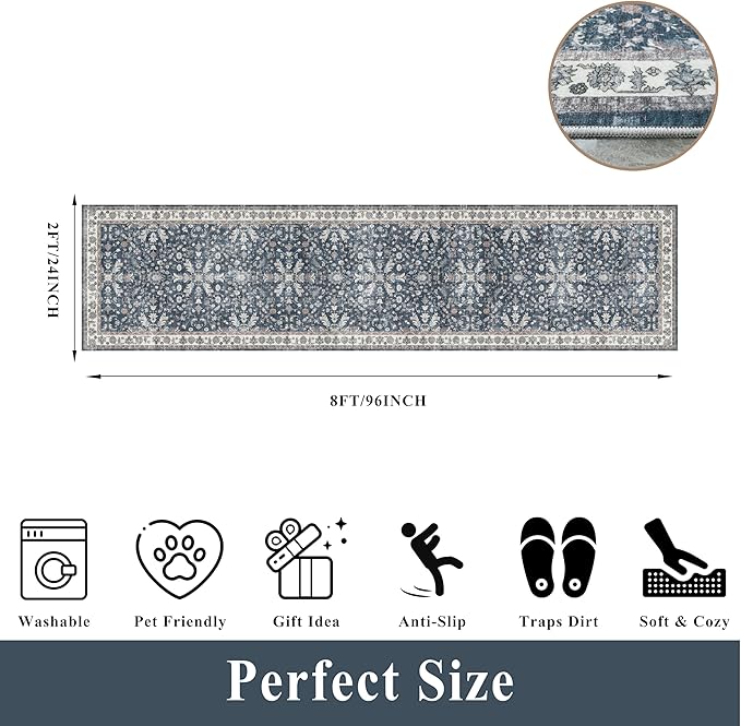 2x8ft Washable Non Slip Kitchen Rugs – Boho Floral Stain-Resistant Low-Pile Floor Carpet Runner for Hallway, Bathroom, Bedroom, Entryway (Blue, 2x8)