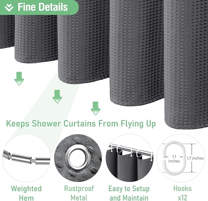 Dynamene Extra Long Shower Curtain - 84 Inch Long Charcoal Grey Waffle Weave Heavy Duty Fabric Bathroom Shower Curtain, Neutral Weighted Hotel Thick Bath Curtain Set with 12 Plastic Hooks,72x84