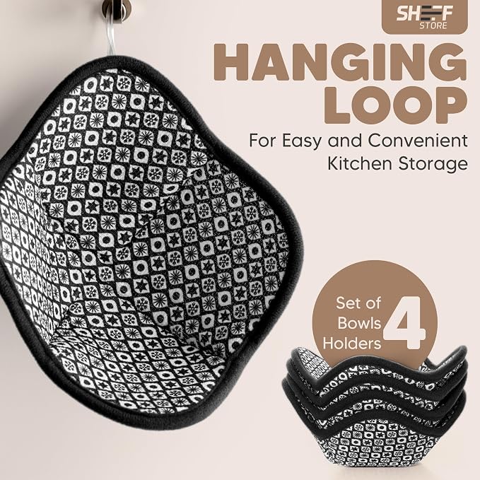 Sheff Microwave Bowl Cozy Holders Set of 4 - Durable and Reliable for Hot and Cold Plates and Dishes - Ideal Household Gift (Black and White, 7 inch)