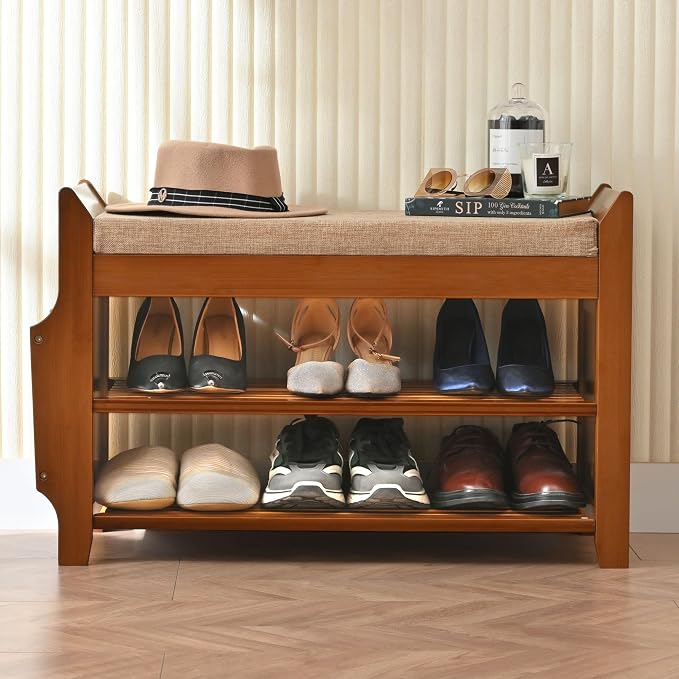 PETKABOO 2 Tier Shoe Bench, Bamboo Shoe Rack Bench, Shoe Storage Bench Organizer for Entryway Hallway Living Room