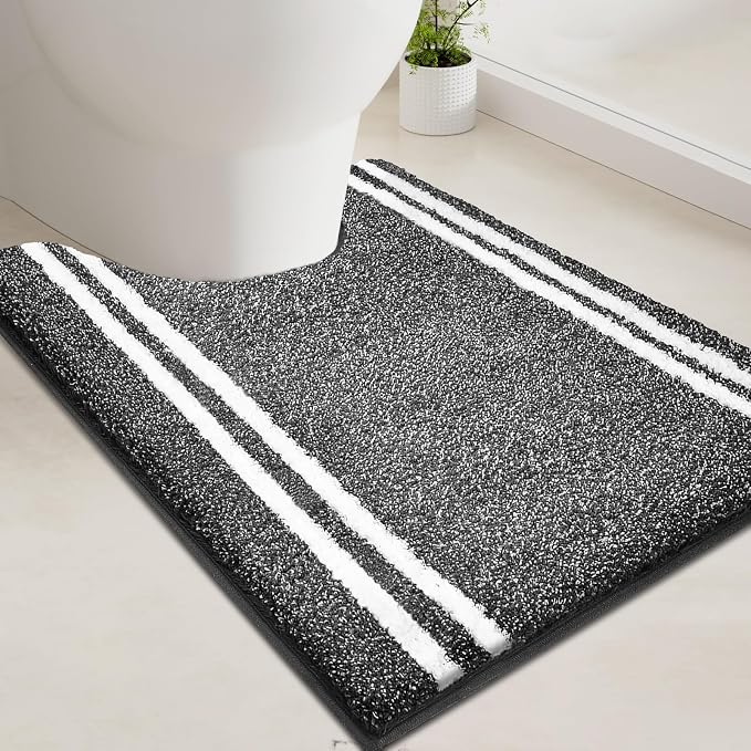 PURRUGS Bathroom Rug Non-Slip Machine Washable 20" x 24" U-Shaped, Super Absorbent and Quick Dry Shaggy Microfiber Bath Mat, Extra Soft and Plush Contour Rug for Toilet Base, Charcoal