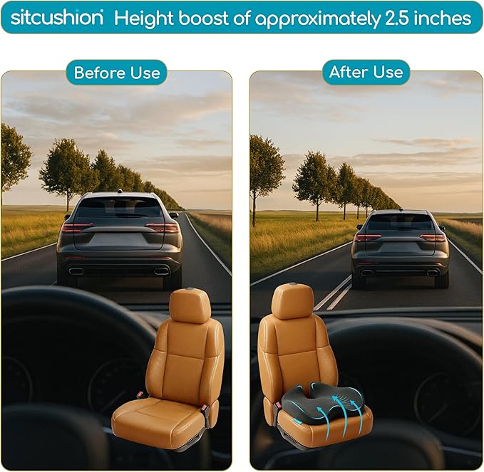 SitCushion Car Seat Cushion for Long Driving – X Large Memory Foam Seat Cushion for Sciatica & Tailbone Pain Relief, Orthopedic Coccyx Cushion with Non-Slip Bottom, Back Pillow for Car, Truck (Black)