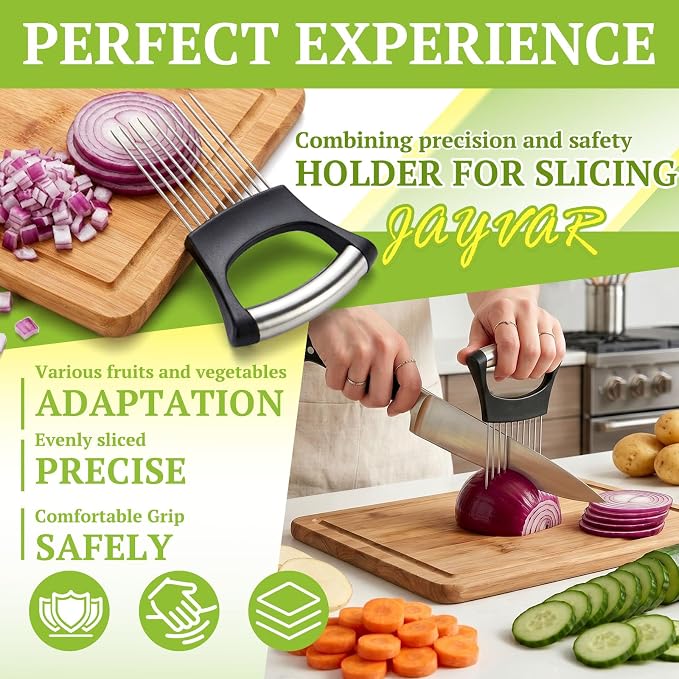 JAYVAR Onion Holder for Slicing,304 Stainless Steel Onion Slice Holder with 10 Long Needles,Onions Cutter Vegetable Chopper,Onions Chopper Tool,Food Slicing Guide for Neat Slicing,Tomato Potato Cutter