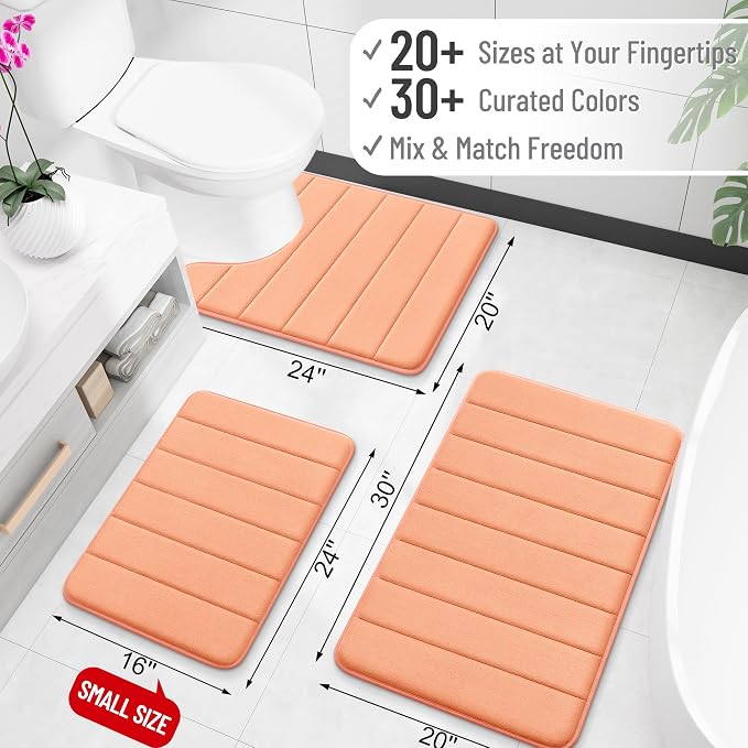 OLANLY Memory Foam Bath Mat 40x32, Super Soft Absorbent Bathroom Rugs, Quick Dry, Machine Washable Shower Floor Rugs, Bathmat Carpet, Bathroom Home Decor Accessories, Peach