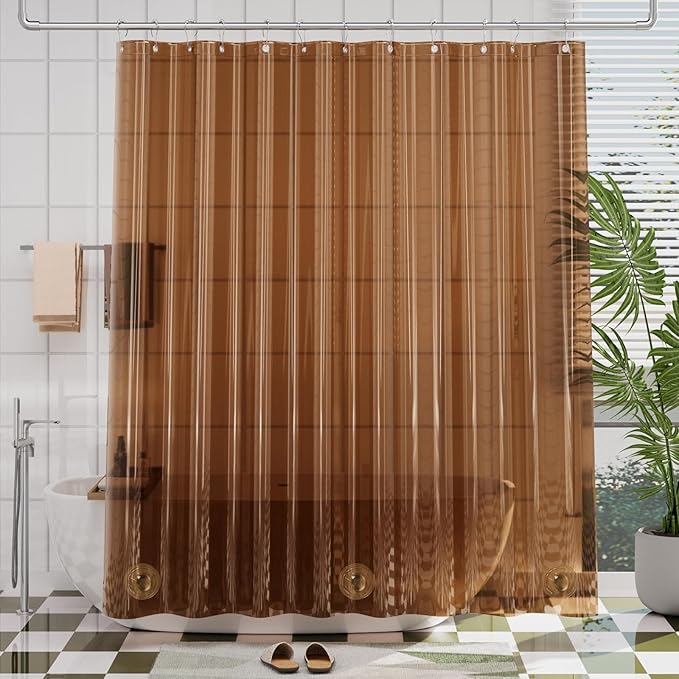 AmazerBath Premium EVA Shower Curtain Amber, Luxury Shower Curtain Clear Brown Jelly-Like Soft, Waterproof Clear Brown Shower Liner with 3 Weighted Stones and 12 Grommets, Recyclable Packaging